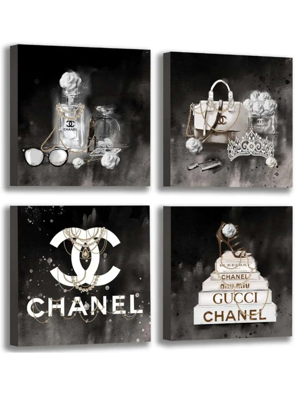 Chic Black & White High Heel Rose Canvas Wall Art - 4 Panel Modern Decor for